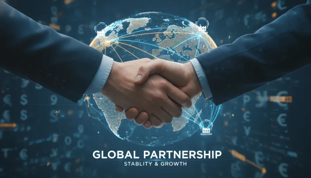 Schematic diagram of global buyers establishing stable partnerships with source factories.