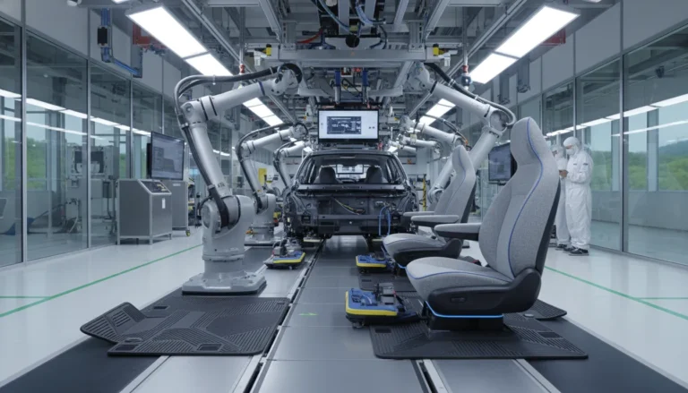 Application of nonwoven materials in an electric vehicle interior production line.